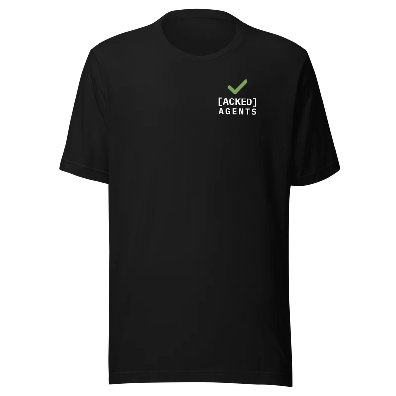 Acked Agents black Receipt tee, front: small green check over the stacked [ACKED] AGENTS wordmark on the left chest
